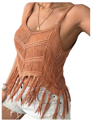 MakeMeChic Women's Fringe Trim Vest Top Sleeveless Spaghetti Strap Summer Boho Camisole