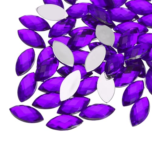 QUARKZMAN 50 Piezas de Gemas de Acrílico con Dorso Plano de 7mm x 15mm en Forma de Ojo de Caballo, Piedras Preciosas Artificiales para Manualidades, Pintura Facial, Morado