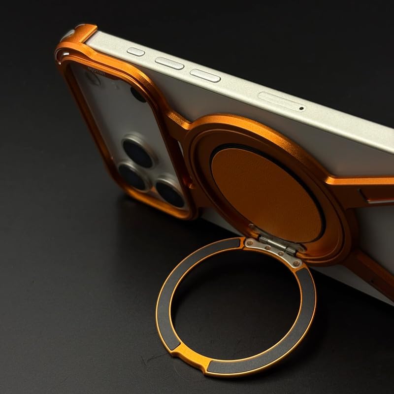 Image of X Shaped Frameless Metal Bumper Compatible with iPhone 17 Pro Max with 360 Rotate Ring Kickstand | Luxury Aluminum Armor Case | Super Slim Metal - Orange Titanium