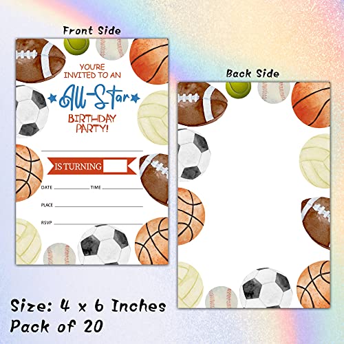 Sports Birthday Invitations With Envelopes - Birthday Party Invitation Card For Boys / Girls - All Star Fill-In Invites Cards - Basketball, Baseball, Football Party Celebration (20 Pack)-29 #TOP1