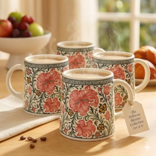 Image of Alive Floral Printed Ceramic Tea /Coffee Mug Set of 4 (300 ml) | Microwave & Dishwasher Safe |Premium Ceramic Mugs for Home, Office & Gifting
