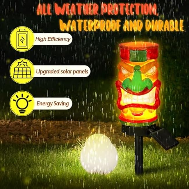 2 Pack Tiki Solar Light LED Torch for Outside Waterproof Tiki Statue Solar Light Resin Outdoor for Hawaiian Luau Party Tropical Aloha Bar Garden Patio Decor(Bright)