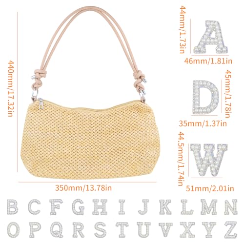 Image of 1pcs Straw Shoulder Bag Handmade Woven Mesh Hobo Tote Bag Summer Beach Casual Straw-woven Shoulder Handbag and 26 Letters Pearl Iron-on Patches for Women Swimming Pool Accessories