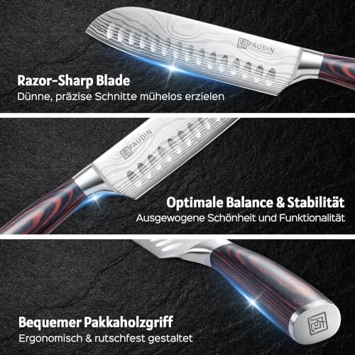 PAUDIN 17,8cm Santoku-Messer, 5Cr15MoV Stahl Pakkaholzgriff Superscharf – Ansicht 2