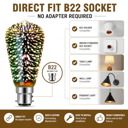 Image of BRAINLE Infinity 3D Fireworks Bulb - 3W 120V LED Light, Multicolor Stain Glass Effect, Colorful Party Disco Fairy Light, Firework Effect Bulb for Vibrant Ambiance and Decorative Illumination