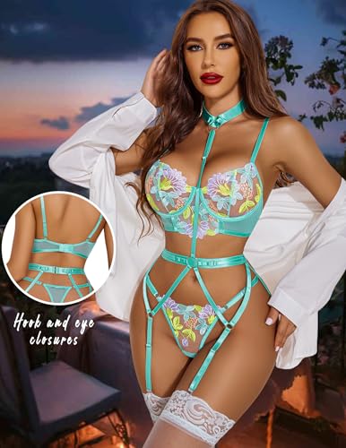 Image of Avidlove Garter Lingerie Sets for Women Sexy with Removable Choker Floral Embroidered Underwire Lingerie (No Stockings)