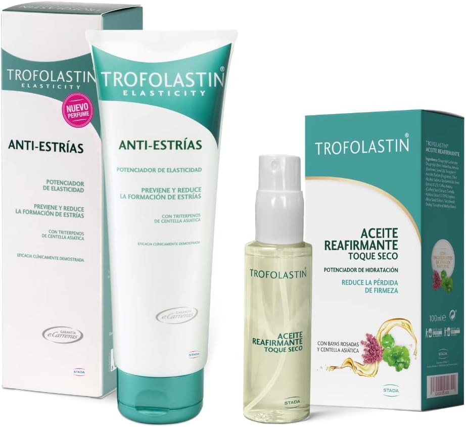 Trofolastin – Pack crema antiestrías 200ml + Aceite reafirmante 100 ml – Previene y reduce la formación de estrías Centella asiática – Embarazo, adolescentes y deportistas