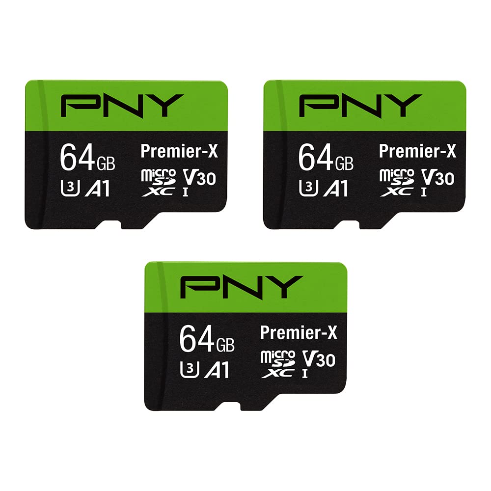 PNY 64GB Premier-X Class 10 U3 V30 microSDXC Flash Memory Card 3-Pack - 100MB/s, Class 10, U3, V30, A1, 4K UHD, Full HD, UHS-I, Micro SD