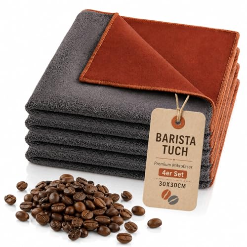 4er Barista Tuch Set 30x30cm 500GSM Mikrofasertuch für Siebträger Dampflanze & Kaffeemaschine Reinigung Doppelseitige Mikrofasertücher fusselfreie Reinigungstücher saugstarkes Barista Zubehör