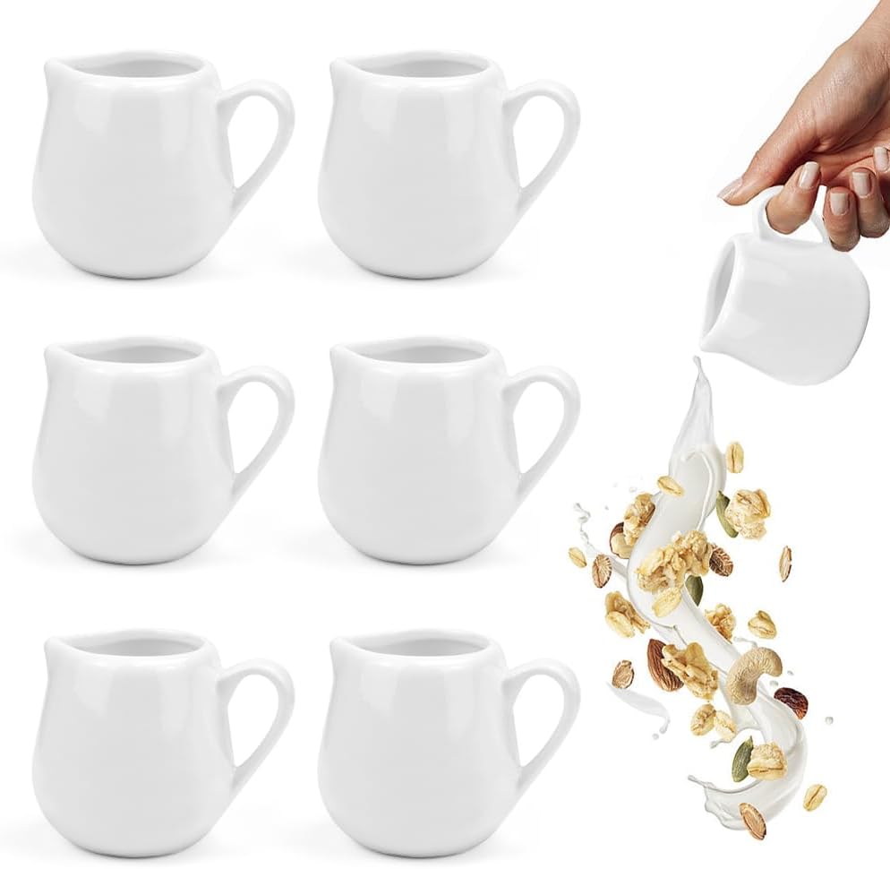 6 PCS Ceramic Milk Jug with Handle, 110 ml Porcelain Cream Jug Small Milk Jugs Porcelain Mini Cream Jugs Sauce Ceramic for Sauce Salad, Food Spice, Coffee, Water, Soda