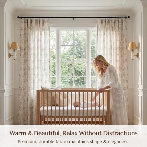 Image of THREE GIRLS Black Floral Beige Linen Curtains 95 Inches Long, Light Filtering Vintage Farmhouse Drapes, Back Tab Rod Pocket Window Treatments 2 Panels for Living Room Bedroom