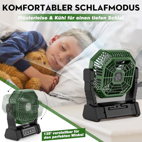 Camping Ventilator mit Akku, Leiser Zelt Ventilator mit LED Licht & Haken, 8-30 Std. Laufzeit, Tragbarer Ventilator mit Powerbank, Timer & Fernbedienung 10000mAh, Ideal für Camping, Outdoor, Wohnmobil 6