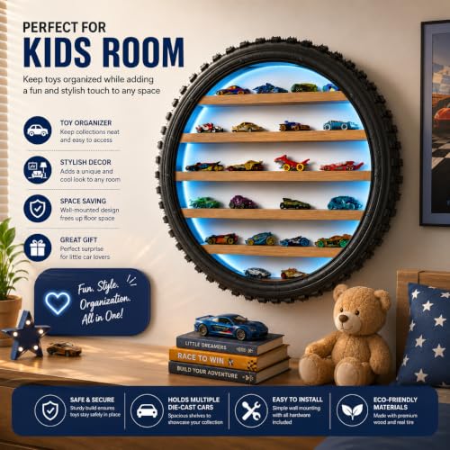 Image of Wall Mounted Tire Display Shelf with LED Lights for Kids Room | Wooden Circular Tyre Rack, Die-Cast Cars, Toy Car Organizer Storage, Handmade Tire Shape Floating Shelf (Blue Light)