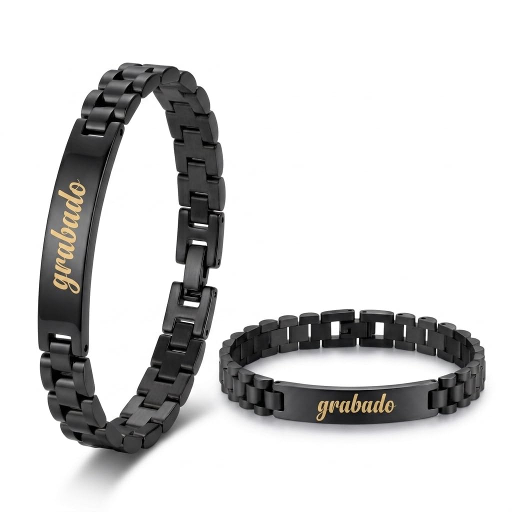 Pulsera Hombre Acero Inoxidable-Pulseras con Placa Grabable Personalizada-Grabado Personalizado Nombre Fecha-Regalo Pareja Aniversario Graduacion Cumpleaños (Negro/Oro/Plata/Bicolor/Azul)