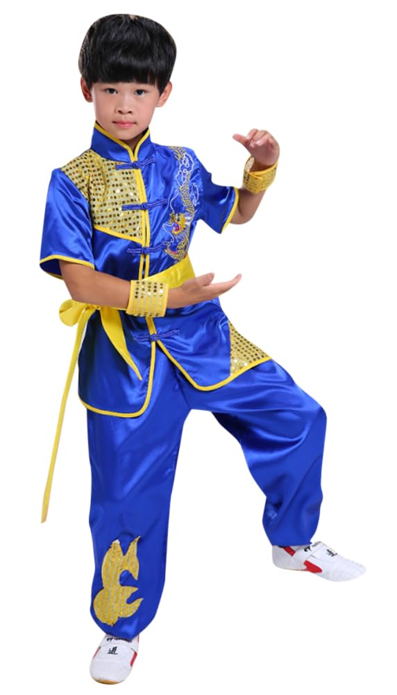 Boys Girls Kung Fu Master Tai Chi Dragon Chinese Uniform Top Shirt Pants Set Outfit