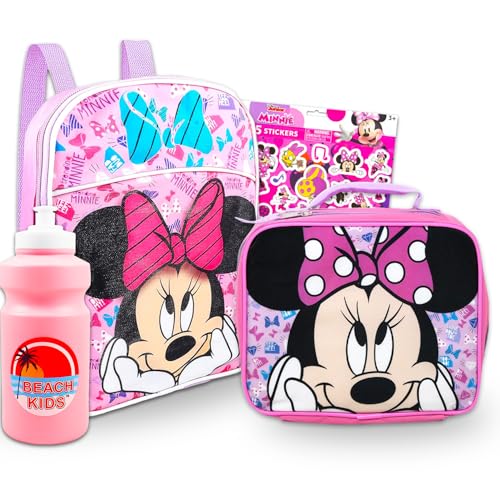 Mochila Disney Minnie Mouse com lancheira para meninas, crianças, pacote com 4 peças com bolsa escolar Minnie de 30,5 cm, lancheira, garrafa de água e adesivos (conjunto de materiais escolares da Minnie Mouse)
