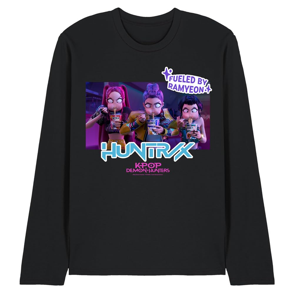 Kpop Demon Hunters Huntrix Eating Ramyeon Unisex Long Sleeve T Shirt, Black, Large