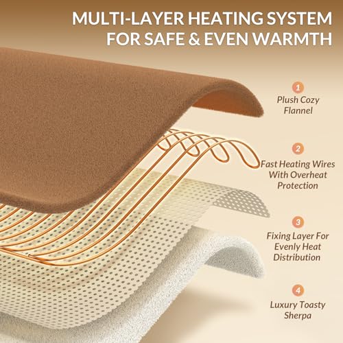 Image of HOMLYNS LuxeHeat Heated Blanket Electric Blanket Queen Size, Soft Flannel Sherpa Heating Blanket with 10 Heat Settings, 1-10 hrs Timer Auto Shut Off (84x90 inches, Coffee), Only for 120V Voltage Use