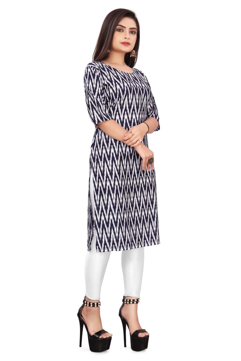 Patlani Women's Cotton Blend Printed Straight Kurta Blue-Zigzeg-S