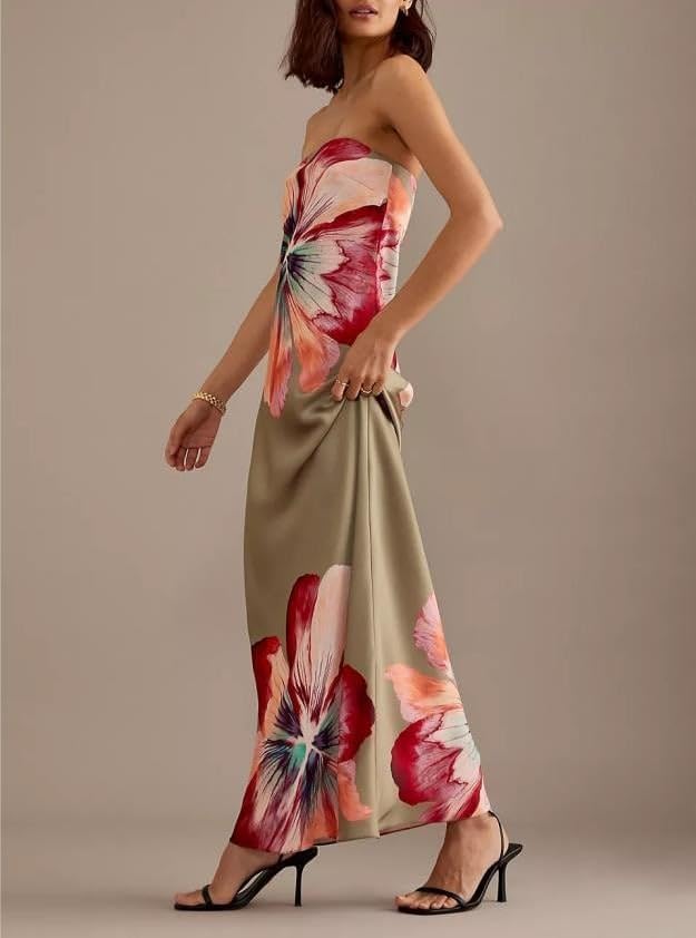 Image of Women Y2k Strapless Maxi Dress Floral Print Tube Long Dress Boho Beach Sundress Going Out Streetwear
