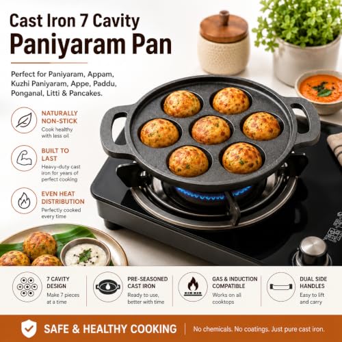 Image of Cast Iron 7 Cavity Paniyaram Pan | Pre-Seasoned Appam Patra, Kuzhi Paniyaram, Appe, Paddu, Ponganal, Litti & Pancake Maker | Naturally Non-Stick | Gas & Induction Compatible | 2 Side Handles (7 Pit)