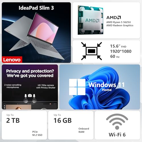 Image of Lenovo IdeaPad Slim 3 Laptop, 15.6 inch FHD Display, AMD Ryzen 5 5625U, 16GB RAM, 512GB SSD, Backlit KB, SD Card Reader, Webcam, HDMI, Wi-Fi 6, Win 11 Home, Bundle with Thunderobot ML101 Wireless Mouse