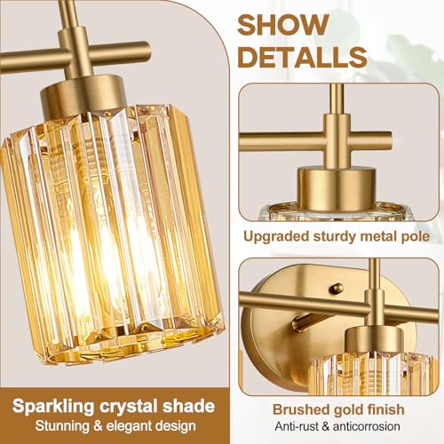 Image of Modern Crystal Bathroom Light Fixtures Over Mirror, 3-Light Brushed Gold Bathroom Vanity Light with Amber Glass Shades, Modern Vanity Lights for Bathroom, E26 Base, Bulbs Not Included