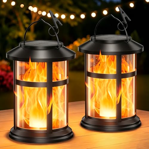 GEARLITE Solar Lanterns Outdoor 2 Pack Flickering Flame Solar Lights Outdoor Garden IP65 Waterproof Hanging Garden Lanterns Decor for Table Patio Cemetery Auto On/Off Solar Powered Garden Lights