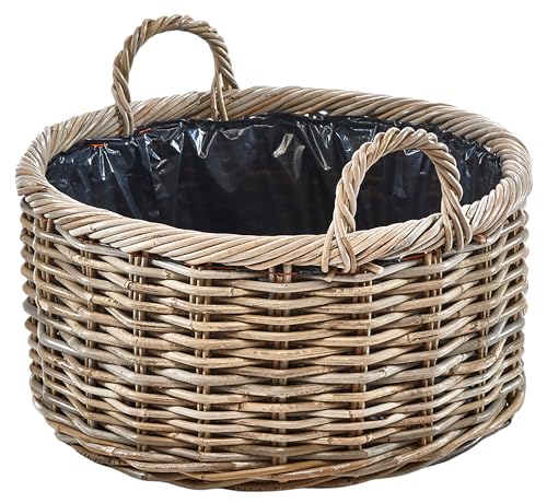 Kobolo Pflanzkorb rund - Ø 50 cm - grau geflochtener Rattan Übertopf mit Folie & Griffen Stabiler Blumen- & Pflanzenkorb für Indoor & geschützten Outdoorbereich wie Balkon & Terrasse