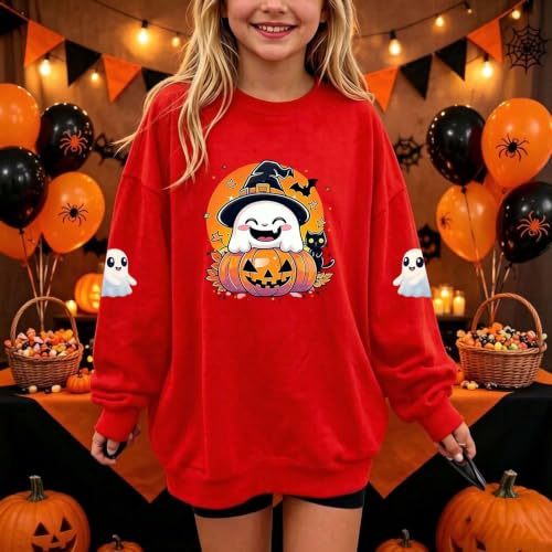 Girls Green Ghost Pumpkin Black Cat Halloween Crewneck Sweatshirt Pullover - image 2