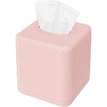 Livelab Tissue Box Cover with Base - Square Plastic Holder, Decorative Case, Modern Facial Paper Dispenser for Bathroom, Vanity Countertops, Night Stands, Desk - Pink