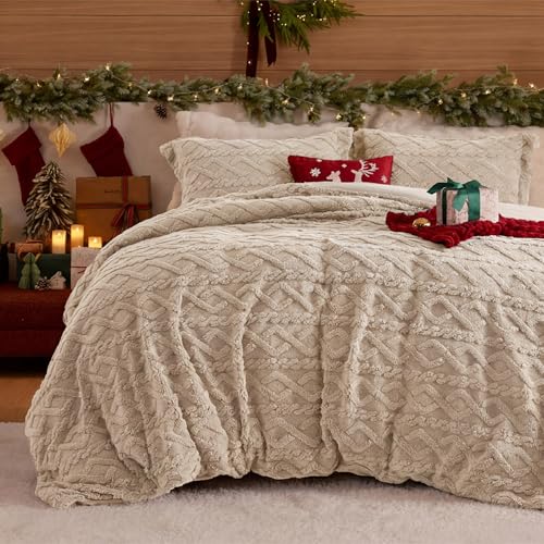 Bedsure Fluffy Flannel Duvet Cover Set - Faux Fur Comforter Cover Queen Size, Deep Beige Warm Plush