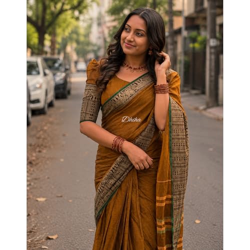 Image of Narayanpet Pure Cotton Avani Border Saree for Women with Running Blouse | Tassels | Traditional Woven Solid Design | Handloom Weave