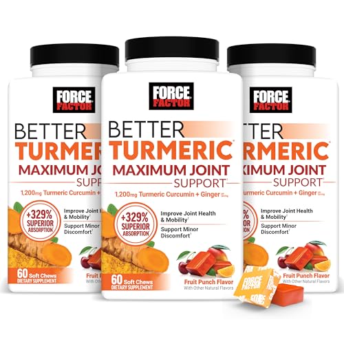 FORCE FACTOR Better Turmeric Maximum Joint Support, 1075mg Curcumin with Ginger to Support Mobility, Flexibility & Comfort, More Convenient Than Turmeric Gummies, Fruit Punch, 180 Soft Chews, 3-Pack