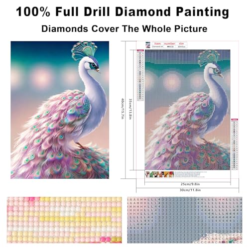 Image of Diamond Paintings Kits for Beginners, Full Round Drill Diamond Arts Kits for Adults, Elegant Peacock Paint by Diamonds, 5D DIY Diamond Painting Dot Gem Art, for Home Wall Decor 12x16 Inch