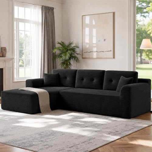 VASAGLE Sofá con Chaise Longue, Esquinero de Pana, Diseño Modular de 3 Plazas, 242 x 152 x 73 cm, Negro, para Salón, Colección Camila LCS183B101