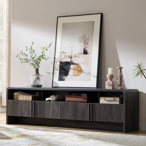 Image of AMERLIFE 70 inch Modern TV Stand for TVs up to 80 inch, Fluted Wood Entertainment Center with Storage Cabinets, Media Console Table for Living Room, Black