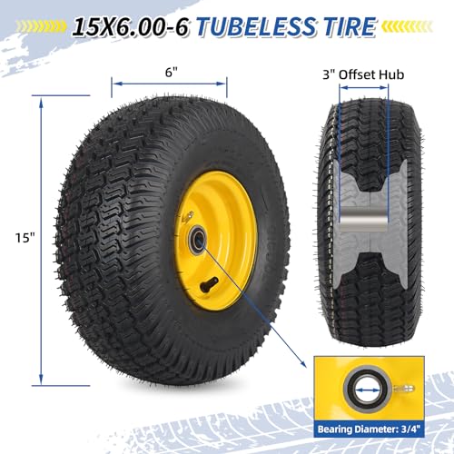 2 Pack 15x6.00-6 Tubeless Tires & Wheels for John Deere Mowers (100 & 300 Series)