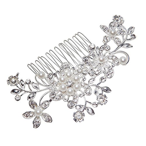 niceEshop(TM) Bridal Wedding Jewelry Crystal Rhinestone Bride Pearl Hair Comb Pin (Silver,Flowers)