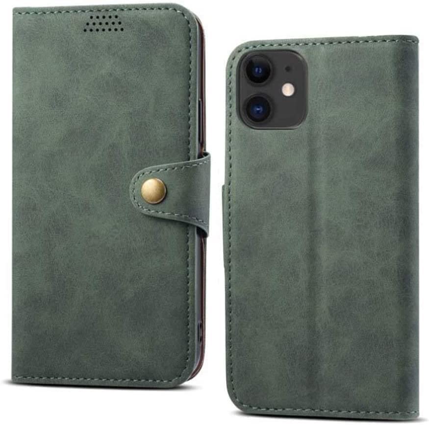 Étui à clapet iPhone 12 vert en cuir avec porte-cartes et support vidéo