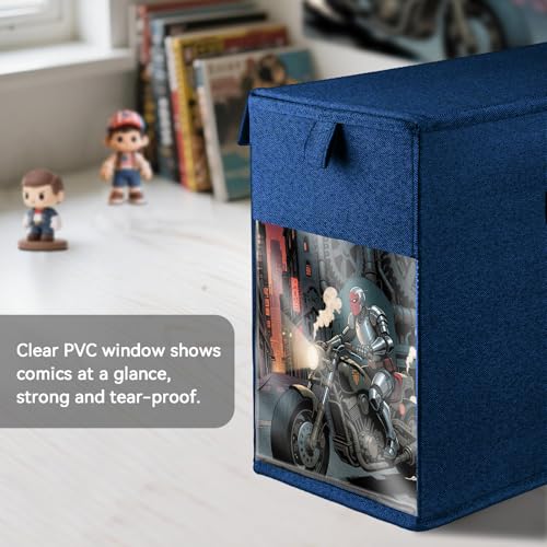 Image of 2 Pack Comic Book Storage Box with Lid for Modern Age, Collapsible Magazine Organizer with Clear Window, Blue