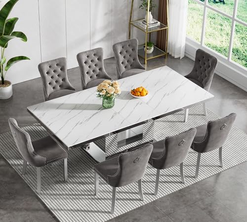 Image of 9-Piece Extendable Dining Table Set for 8, Modern 63 inch-94 inch White Faux Marble Expandable Kitchen Table Set with 8 Velvet Chairs, Large Extendable Dining Room Tables with Mirrored U-Shape Base