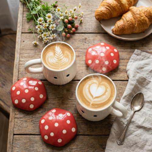 Image of Red Mushroom Ceramic Mugs with Lid Set of 2 | 300ml Coffee Tea Cups Polka Dot | Microwave Dishwasher Safe | Valentine Couple Gift | Home Decor Kitchen Dining Handmade India