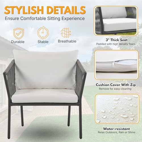 Image of DEVOKO 3 Piece Patio Rope Set Outdoor Woven Rope Conversation Balcony Furniture With Glass Top Table And Cushioned Chairs For Garden (Grey And White), (76 X 89 X 65Cm)