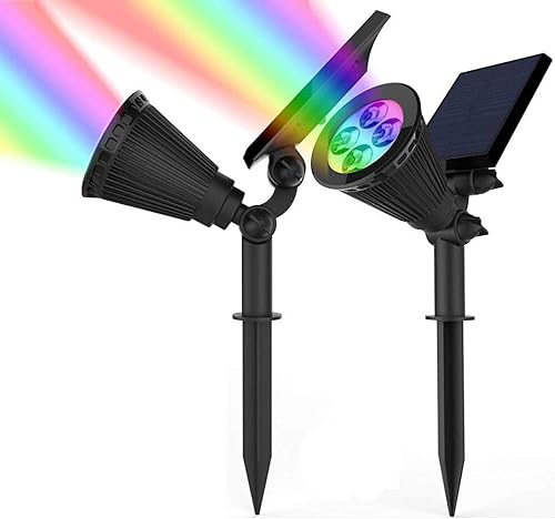 Magictec Focos solares, 2 en 1 ajustables 4 luces LED solares de paredpaisaje con sensor de encendidoapagado automático, paquete de 2 (RGB)