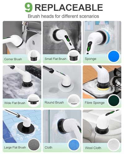 Image of Cordless Electric Spin Scrubber, 9 Brush Heads, 2-Speed Motor | Floor cleaning, bathroom scrubber, tile floor scrubber, extension arm, IPX7 waterproof, tub, sink, grout, wet- dry vacuum