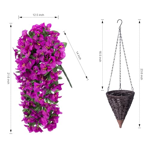 Image of INSPRING Artificial Bougainvillea Faux Flowers Plants Baskets for Outdoor Outside Decoration, 3PCS Fake Silk Flowers Long Trailing Vines UV Resistant Realistic for Front Door Porch Patio (Purple)