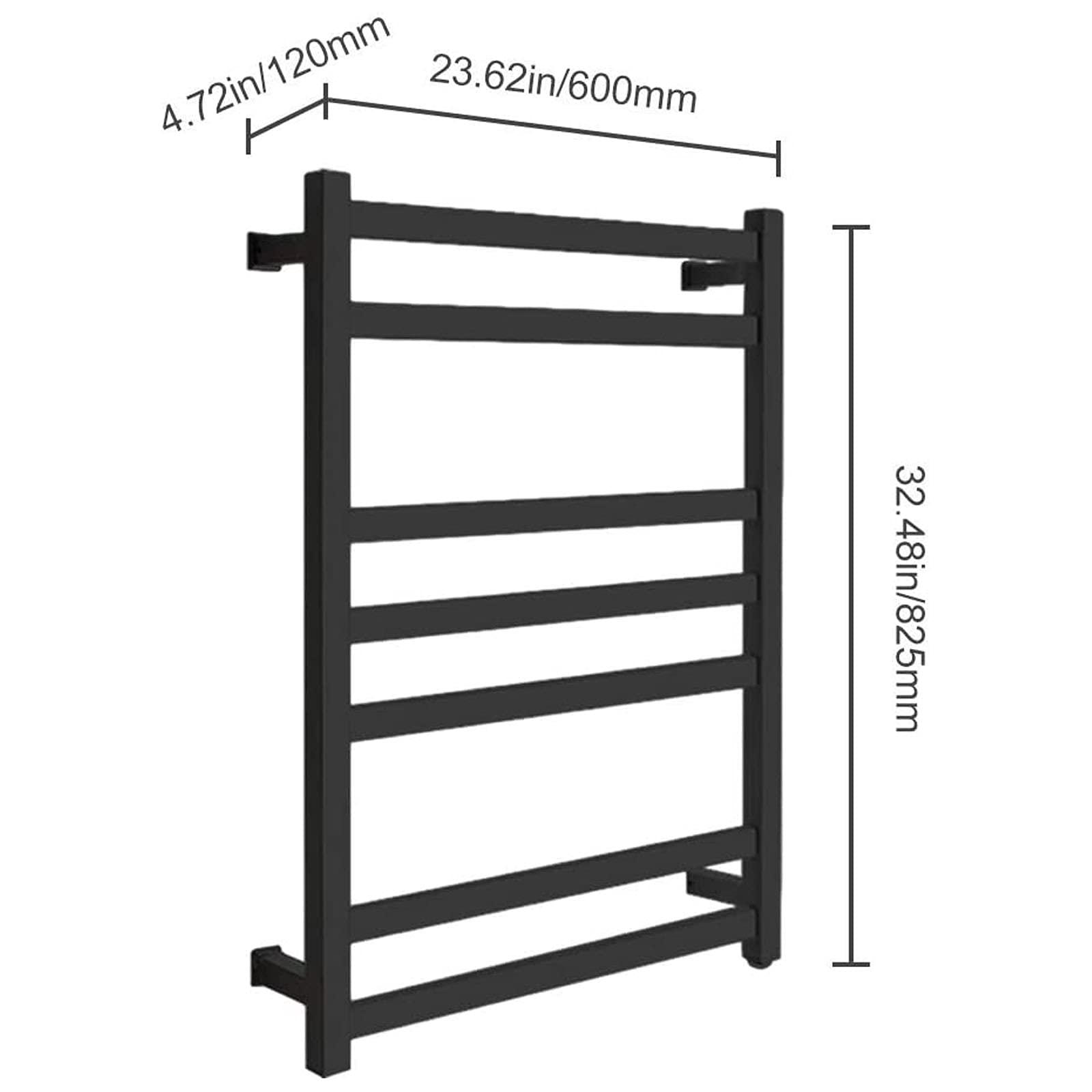 Radiatore Portasciugamani Riscaldato Elettrico per Bagno, Scaldasalviette in Acciaio Inossidabile Nero con Interruttore Impermeabile, Portasciugamani Caldo a Parete a 7 Barre, 825X600x120mm, Plug In
