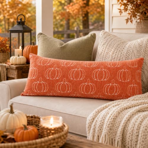 Image of Fall Pumpkin Chenille Pillow Covers 14x36 | Soft Chenille Double-Sided Pumpkin & Plaid, Thick & Cozy Farmhouse Autumn Decorative Cushion Covers for Couch Sofa Bed