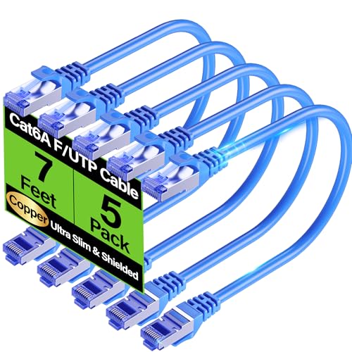 Image of Cat6A Ethernet Cable Shielded 10Gbps 7 ft (5 Pack), Slim Shielded (F /UTP) Ethernet Cable Cat 6, Flexible 28AWG Bare Copper Cat6 Cable, Space-saving Cat 6a Network Cable for Server, Data Center, Blue